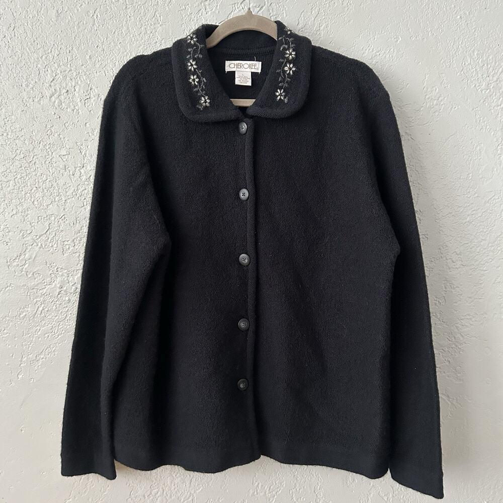 Vintage 100% Wool Embroidered Collar Cardigan Sweater Black Cottagecore Large